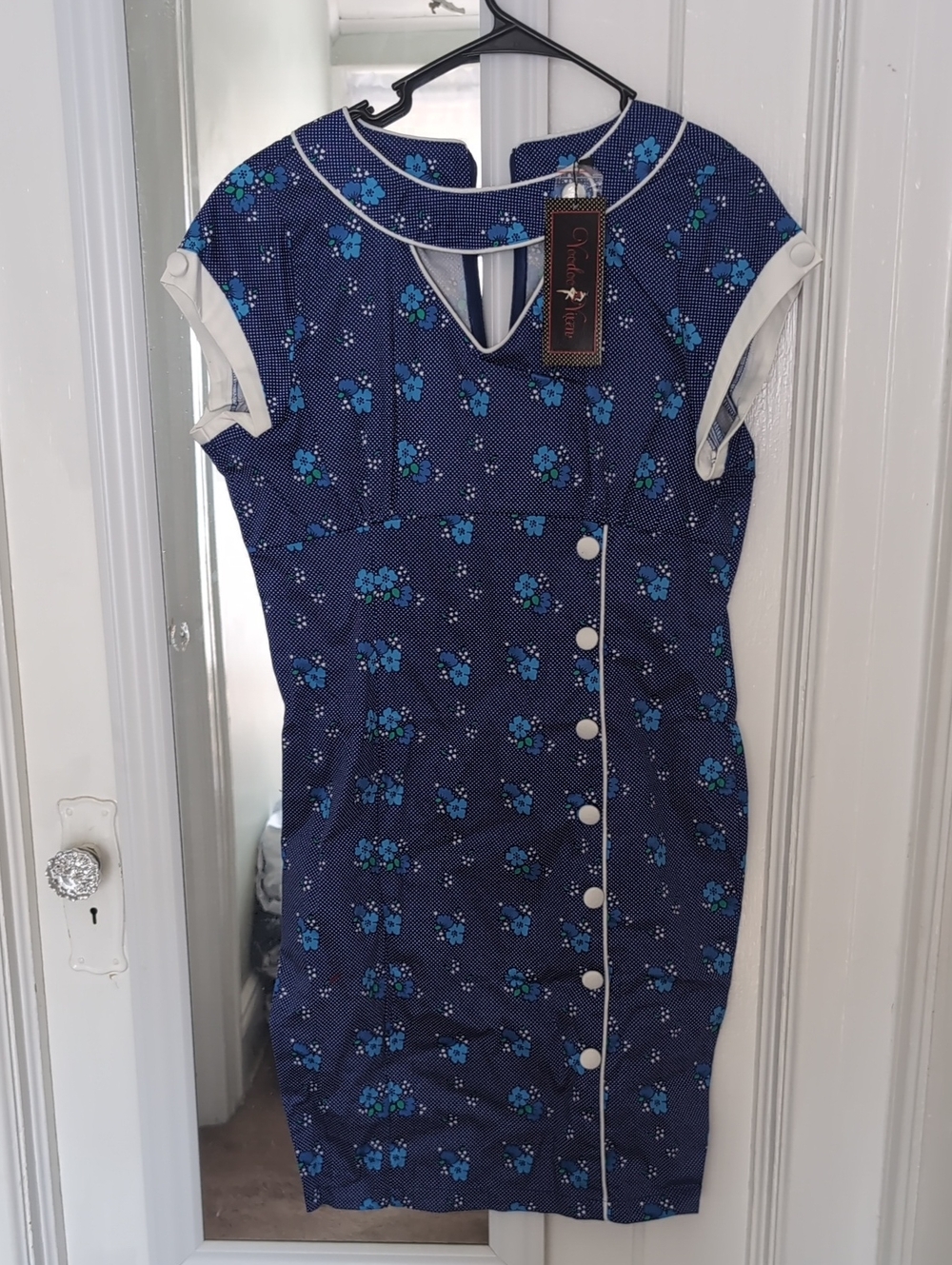 Voodoo Vixen Pinup XL NWT Blue Floral Polka Dot Dress with White Trim